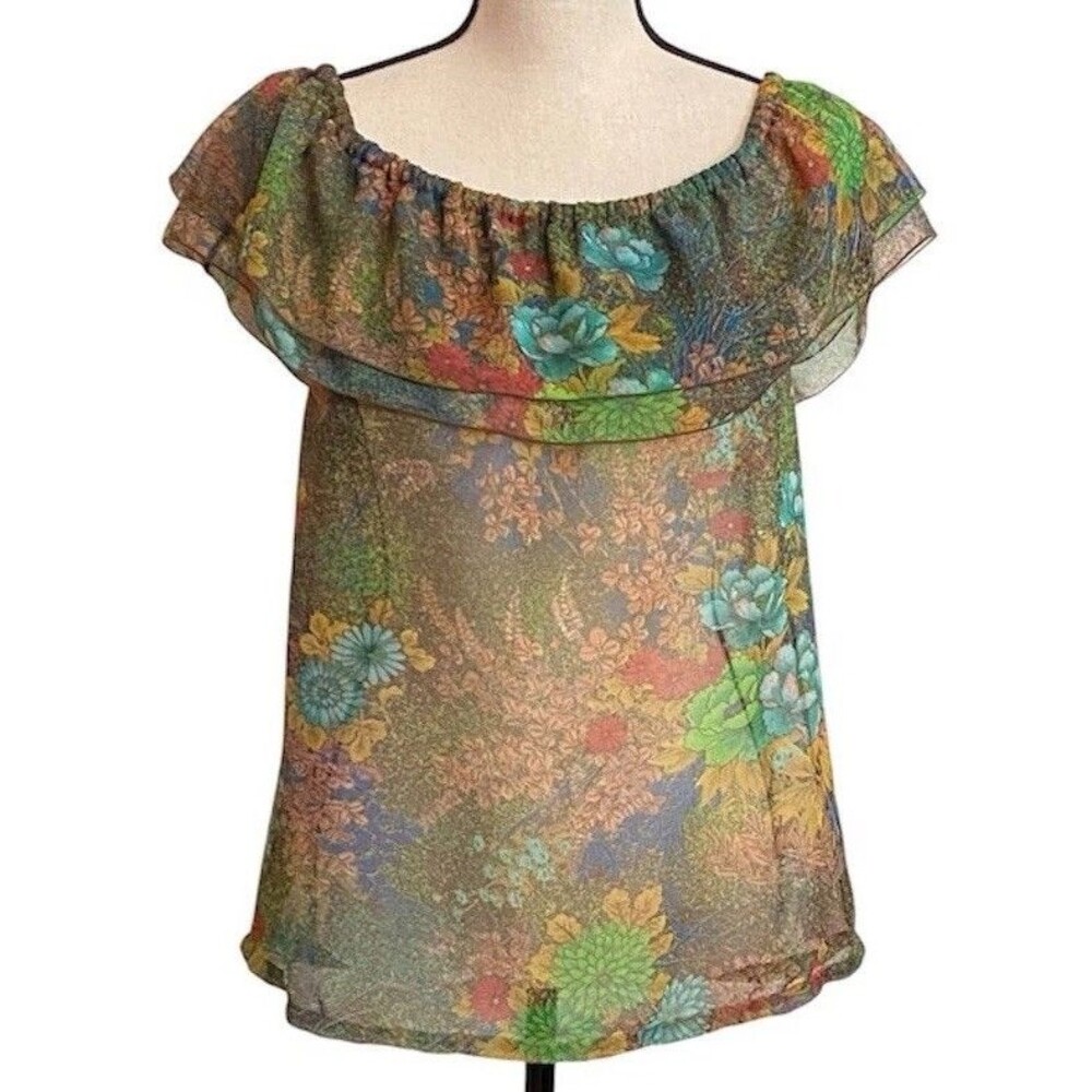 VTG Sheer Off Shoulder Floral Chiffon Blouse Sz M Ruffle Cottagecore Peasant Top